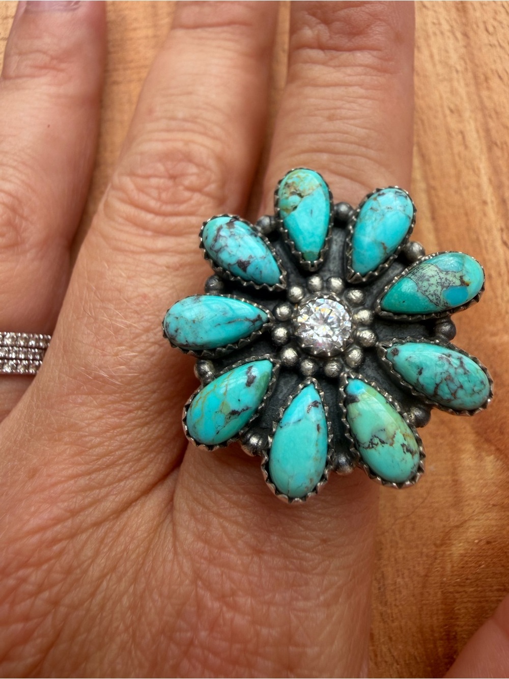 925 Sterling Silver Turquoise Teardrop Flower Statement Ring - southwestern boho